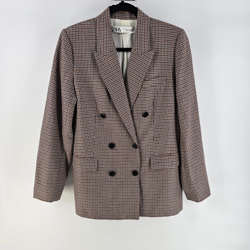Zara Blazer Womens Small Brown Blue Houndstooth Double Breasted Preppy Career